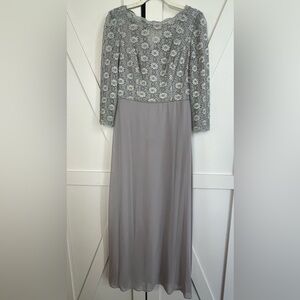 Alex Evenings Silver Gray Lace Bodice Long Sleeve Gown